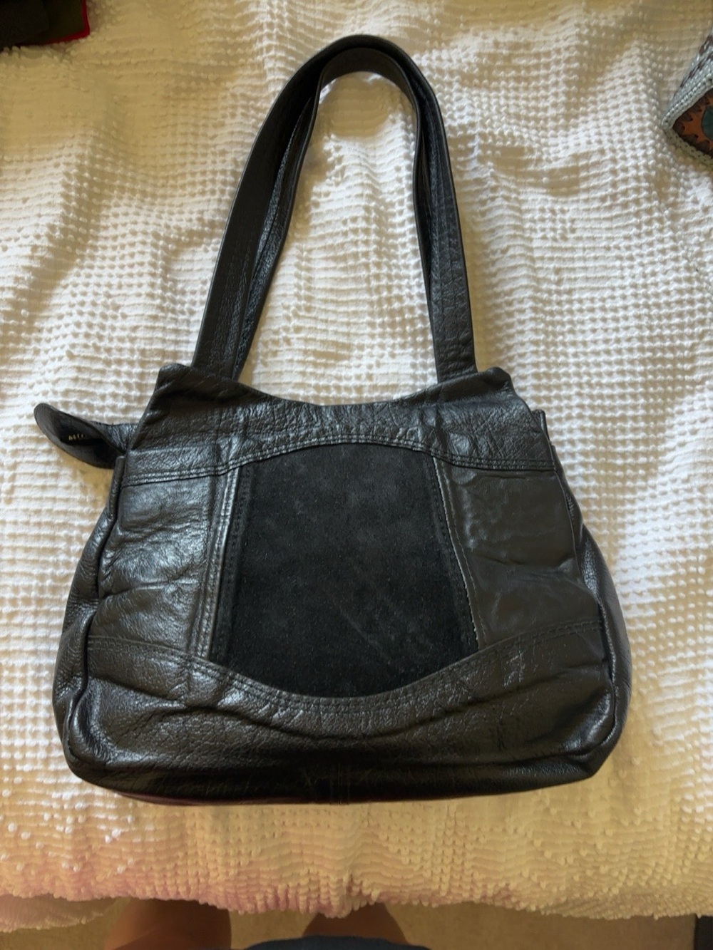 Vintage Black Genuine Leather Suede Panel Shoulder Bag Y2K Minimalist